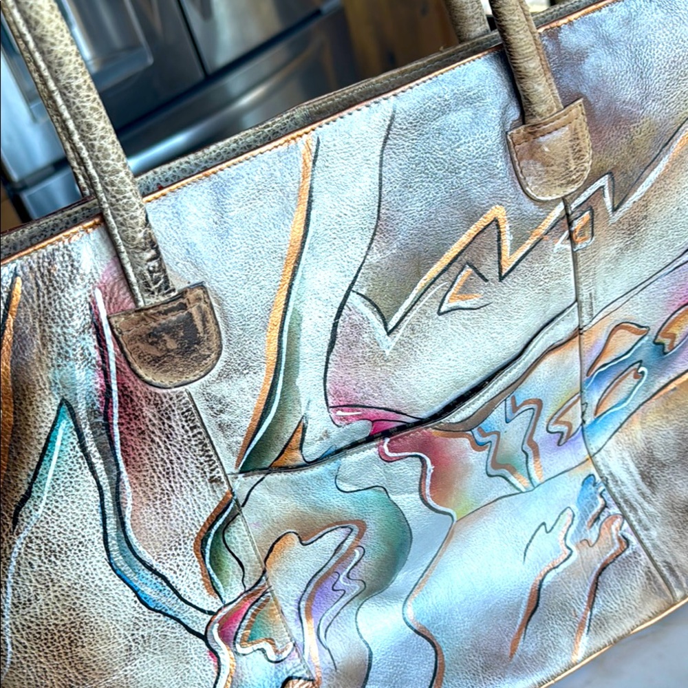 80’s RARE RETRO Leather Hand Painted Tote Shoulder Bag - Picture 11 of 17